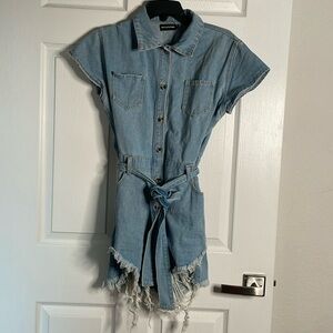 PrettyLittleThing Light Blue Denim Short Sleeve Tie-Waist Romper